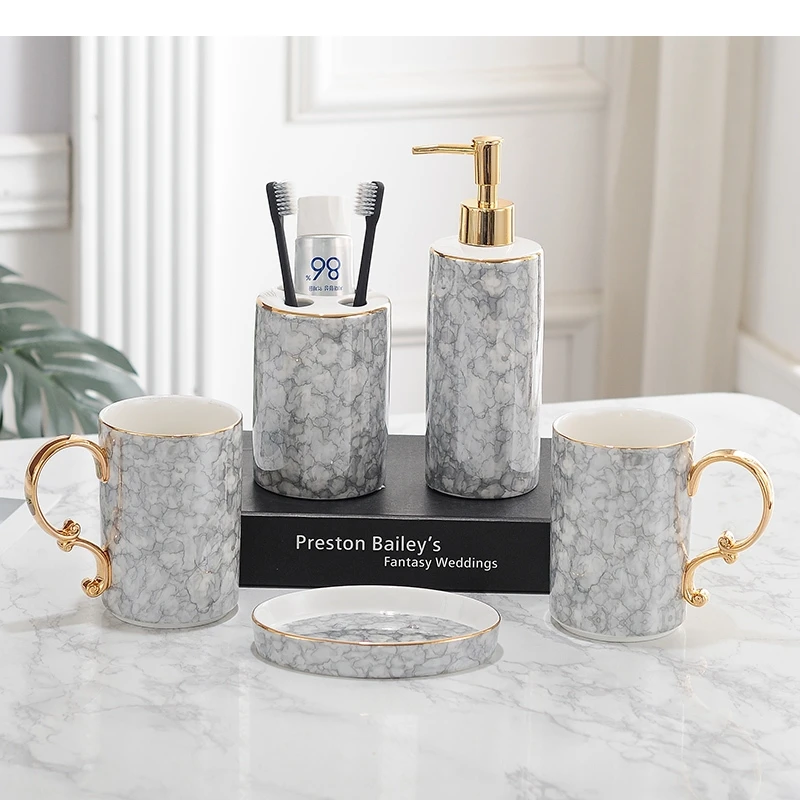 Gray Bubble Painted Bathroom Accessories Set Portable Soap Dispenser Toothbrush Holder Dish Quality Ceramic Bath Supplies