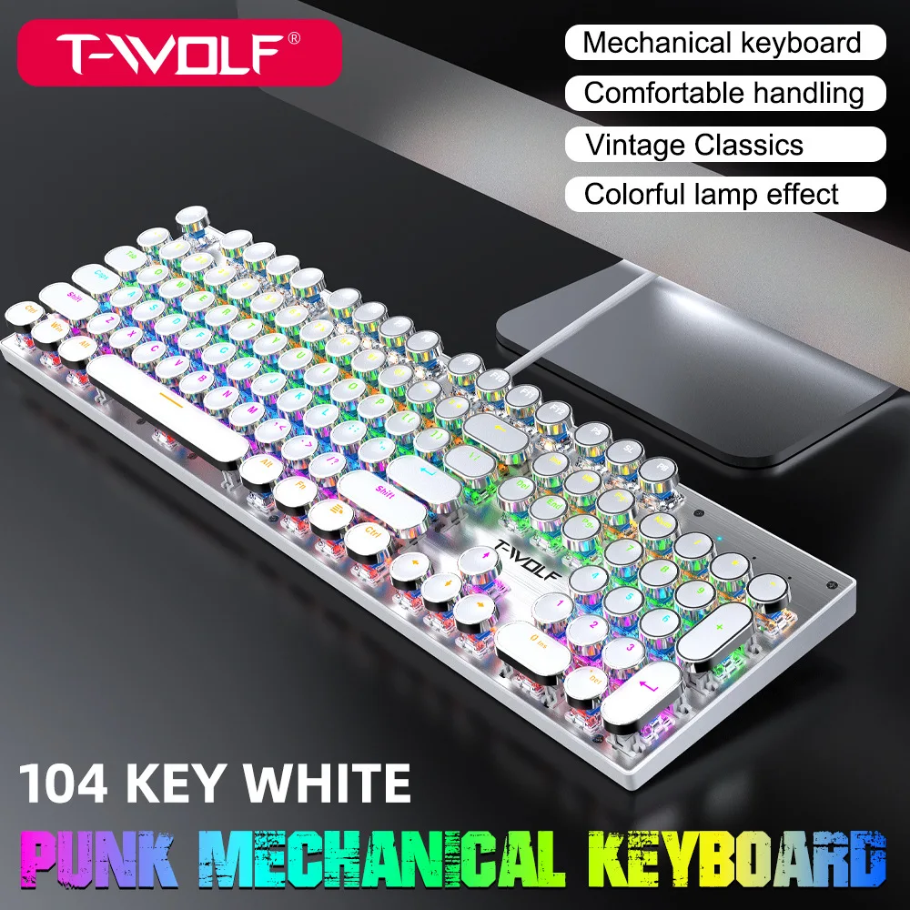 T-Wolf T75 True Mechanical Keyboard Wired Rgb Mixed Light Metal Esports Game Retro Punk Office Typing Computer Peripherals