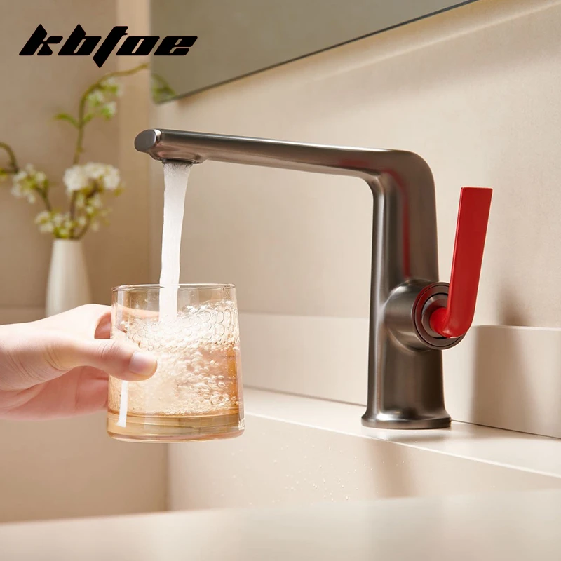 

Deck Mount Bathroom Sink Brass Faucet Basin Mixer Tap for Vanity Hot and Cold Water Single Hole Crane Modern Grey/Gold/Pink