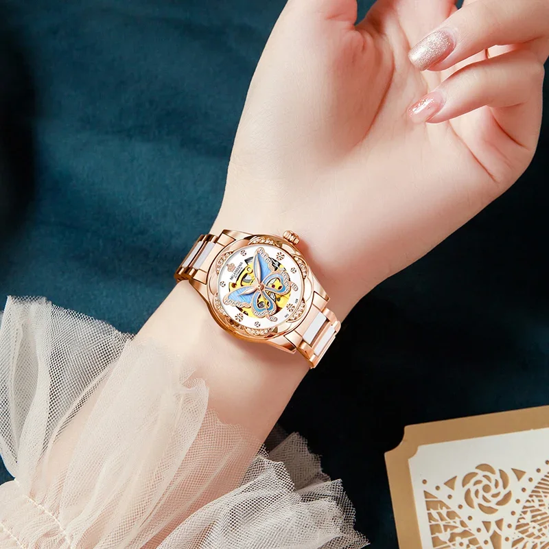 ORKINA Fashion Women Mechanical Watches Ceramic Steel Strap Luxury Butterfly Dial Automatic Ladies WristWatches Gift Reloj Mujer