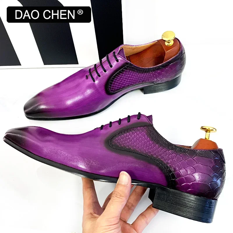 LUXURY MEN OXFORD SHOES PURPLE BLACK SNAKE SKIN PRINT MENS DRESS SHOES LACE UP POINTED TOE POLISH REAL LEATHER SHOES MEN