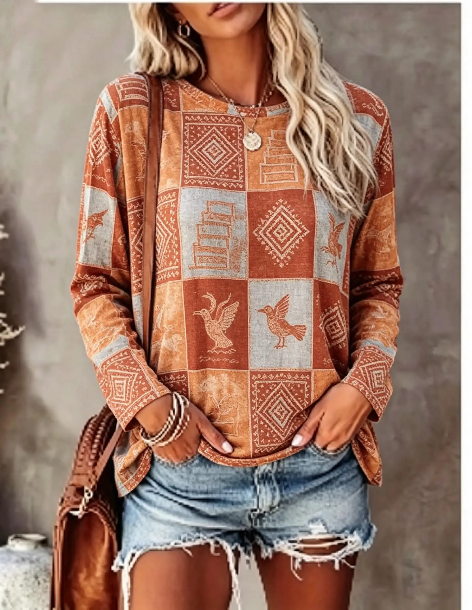 Women Long Sleeve T Shirt Green Beige Checkered Celtic Knot Pattern Print Crew Neck Fall Tops view 5