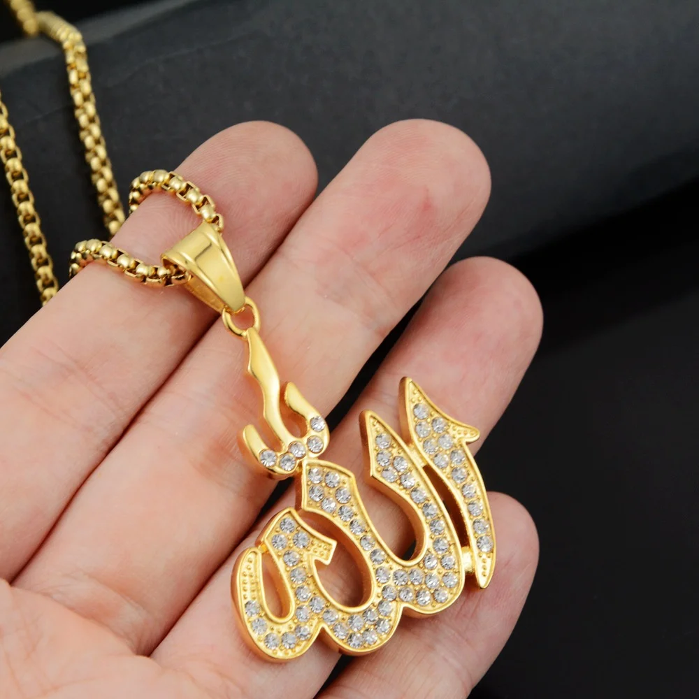 Hip Hop Iced Out Allah Pendant Necklaces Male Gold Color Stainless Steel Islamic Muslim Necklace For Men Religious Jewelry Gift