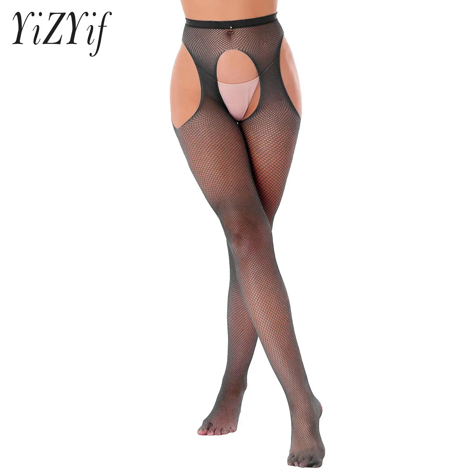 

Womens Hollow Out Stockings Leggings Mid Waist Elastic Waistband Cutout Crotchless Pantyhose