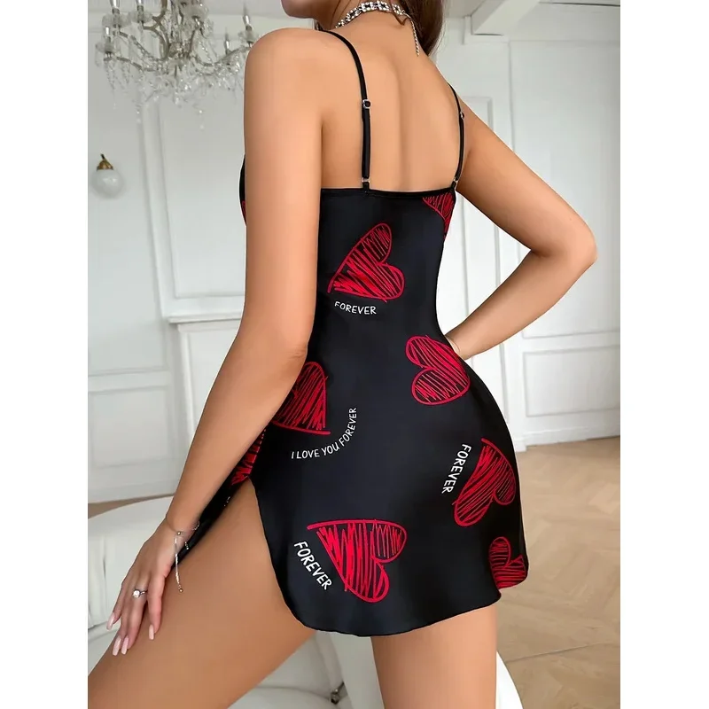 

VALENTINE'S Day red lip print satin slip nightdress V neck backless mini sleep dress WOMEN'S sleepy dress