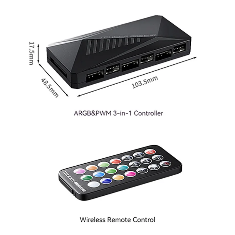 TEUCER 6P PWM & ARGB Controller 4Pin PWM 1 Drag 6 Splitter SATA Power Temperature Control Magnetic Suction Hub for PC Case