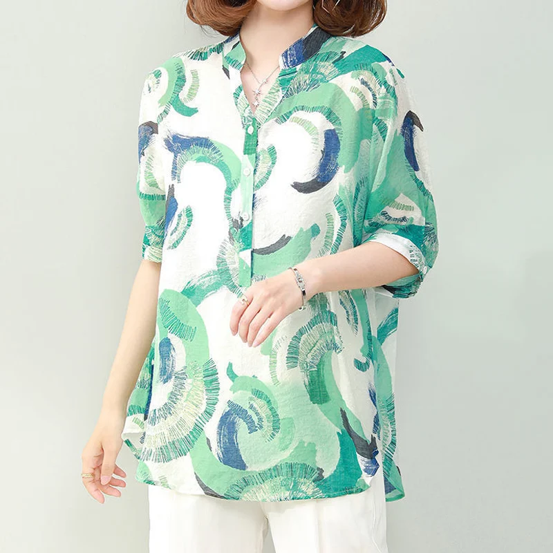 2023 Summer Simple Style Printed V Neck Short Sleeve Oversized Tunic Blouse Top Women Fashion Casual Street Shirts Blusas Mujer