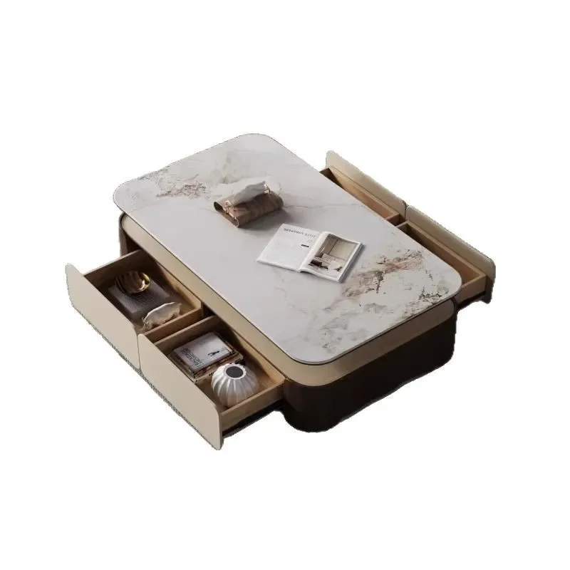 

Modern Italian simple rotatable coffee table small apartment living room rectangular rock slab solid wood coffee table TV cabine