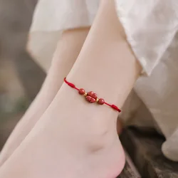 2026 New Year Cinnabar Red Rope Anklet Female Blessing Couple Hand-woven Lucky Four-leaf Clover Red Rope Anklet Wholesale