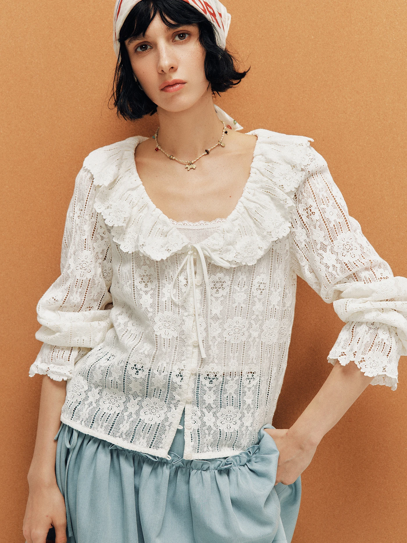 

Heavy Embroidery Water Soluble Lace Shirt Vintage Lace Trim Loose Cotton Blouse Embroidered Floral Print Button Detailing