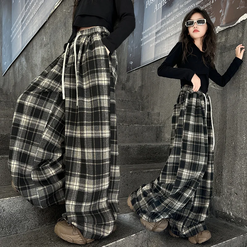Teenager Girls Clothes Set Spring/Autumn Grid Stitched Shiny Top+Plaid wide leg pants 2pcs junior kid suit child outfits  4-14Y
