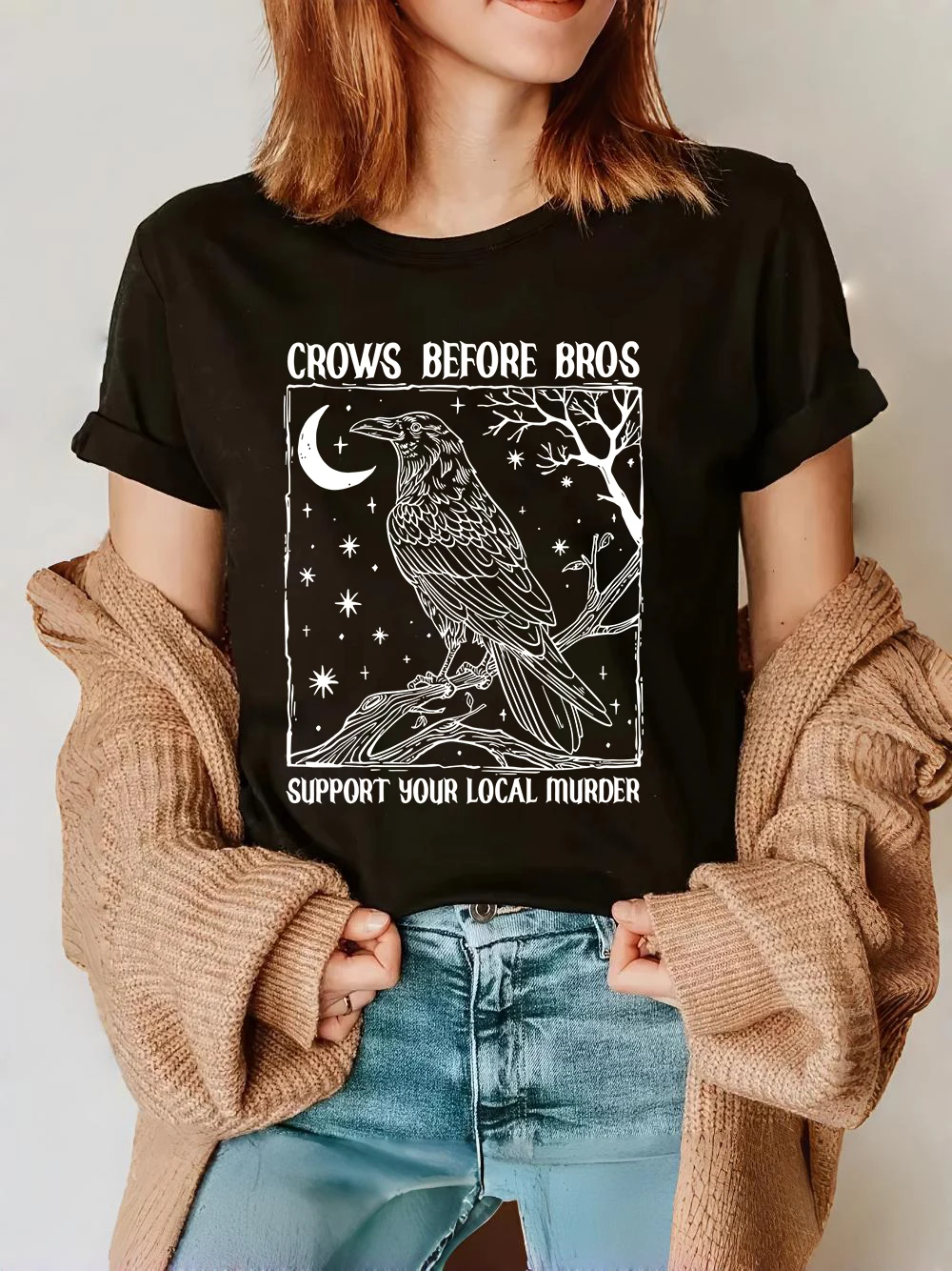 Crows Before Bros Support Your Local Murder Letter T-Shirt Women O-Neck Loose T Shirt Casual Soft Tops Summer Womans Clothes