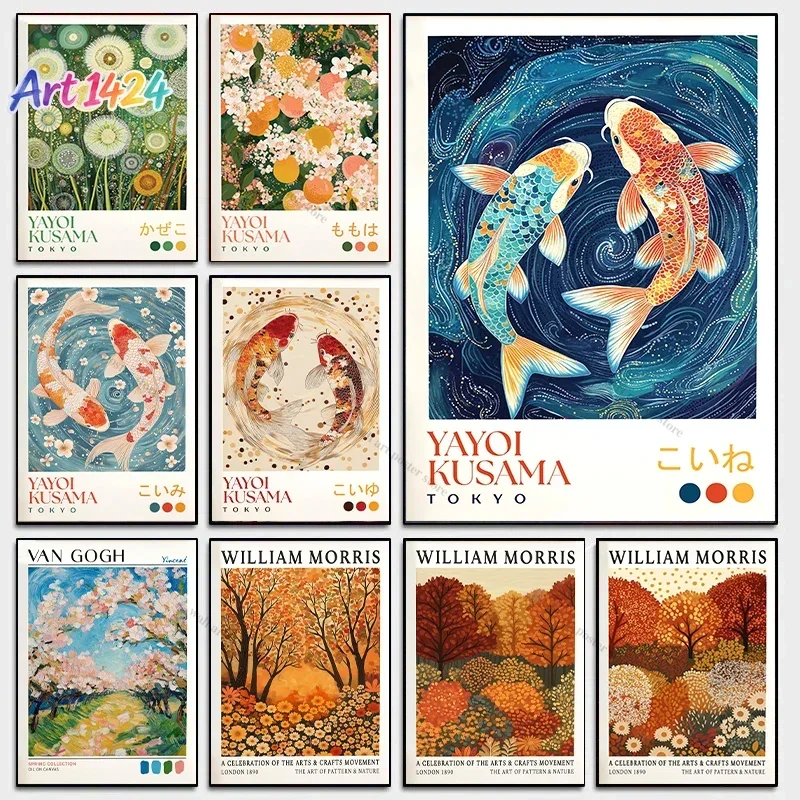 William Morris Green Forest Autumn Poster Yayoi Kusama Inspired Koi Fish Print Modern Japanese Art Fall Leaves Botanical Art