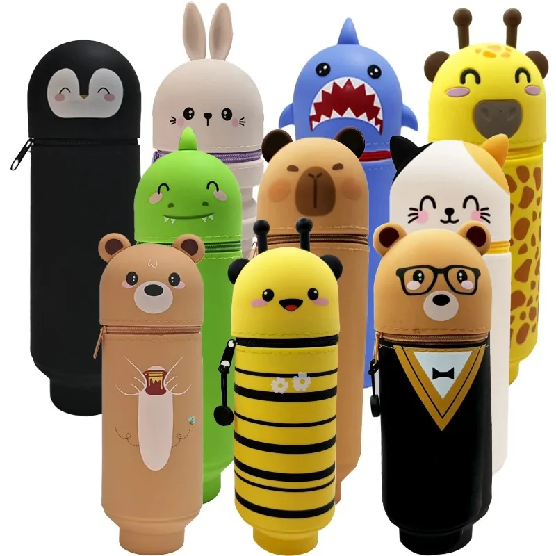 Cute Bee Cat Animal Pattern Pencil Case, Zippered Pencil Storage, Soft Silicone Pencil Case, Suitable for School Offices
