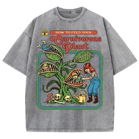 Earnivorous-camisetas lavadas con patrón de plantas para hombre, camiseta informal de algodón transpirable, suave, cómoda, de manga corta con cuello redondo, para verano