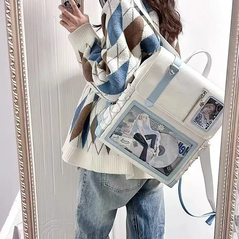 Blue White Japanese Pain Backpacks Girls Transparent Two Pockets Y2k Ita Bags Kawaii College Student DIY Backpack JK Uniform Bag