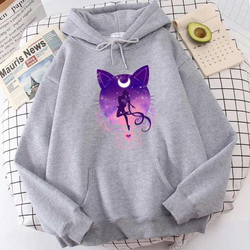 Vintage Anime Plus Size Hoodie Women Sweatshirts Printed Cat Moon Long Sleeve Hooded Kawaii Cartoon Female Streetwear Tops