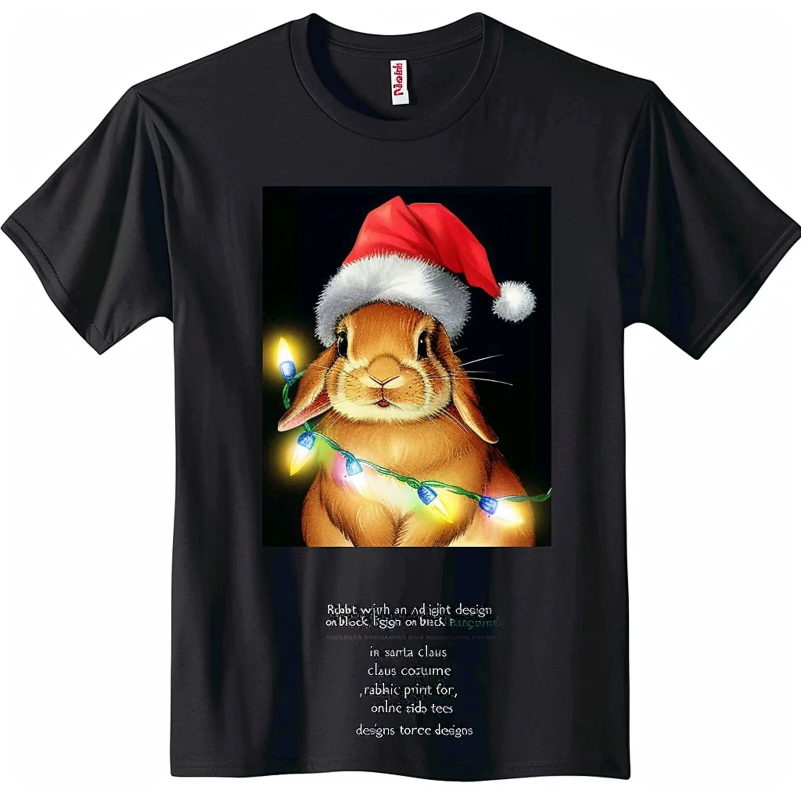 

Christmas Bunny in Santa Costumes Black T Shirt Cute Rabbit with Hat and Lights