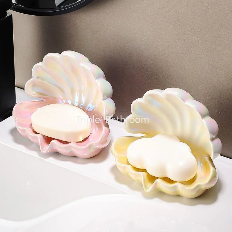 1pc Ceramic Shell Shaped Soap Dish, Ceramic Bathroom Countertop Shelf Drain Soap Box, Bathroom Toiletries, Portable Soap Dish