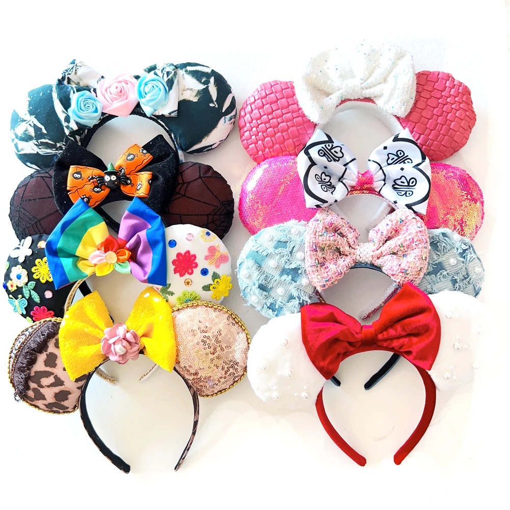 2023 Mickey Mouse Ears Headband Halloween Fun Headdress Cloth Pearl Big Bow Cosplay Hairband Disneyland Letter Headband Gift