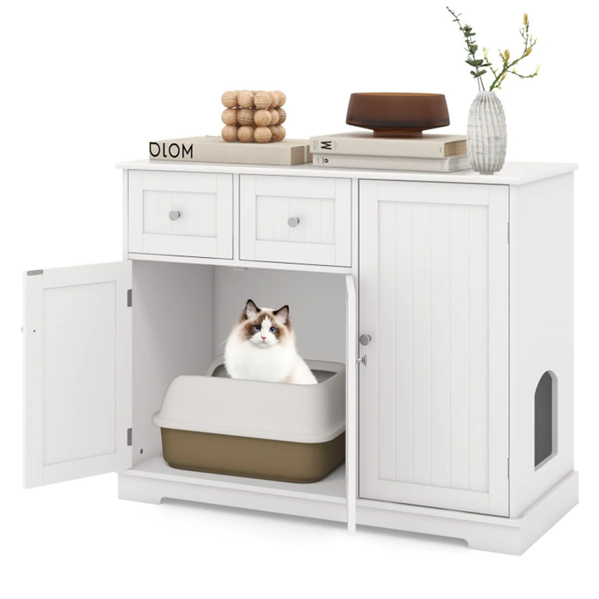 Cat Litter Box Enclosure With 2 Drawers 3 Doors Anti-Toppling Devices Storage