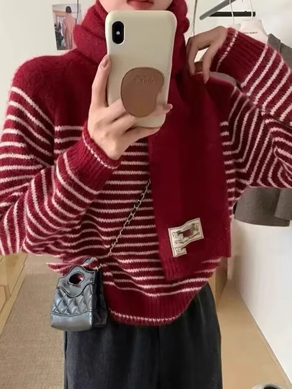 

Cisas Aosphere, вязаный свитер в красную полоску, женский зимний теплый свободный накладной повседневный антивозрастной свитер, шарф