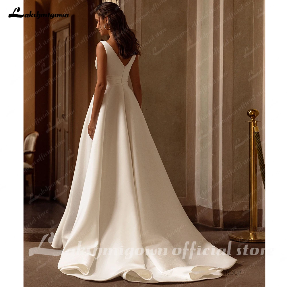 Yanshmigown-Robe de mariée en satin à col en V moderne, robe de mariée simple A-Line, dos nu, train de balayage