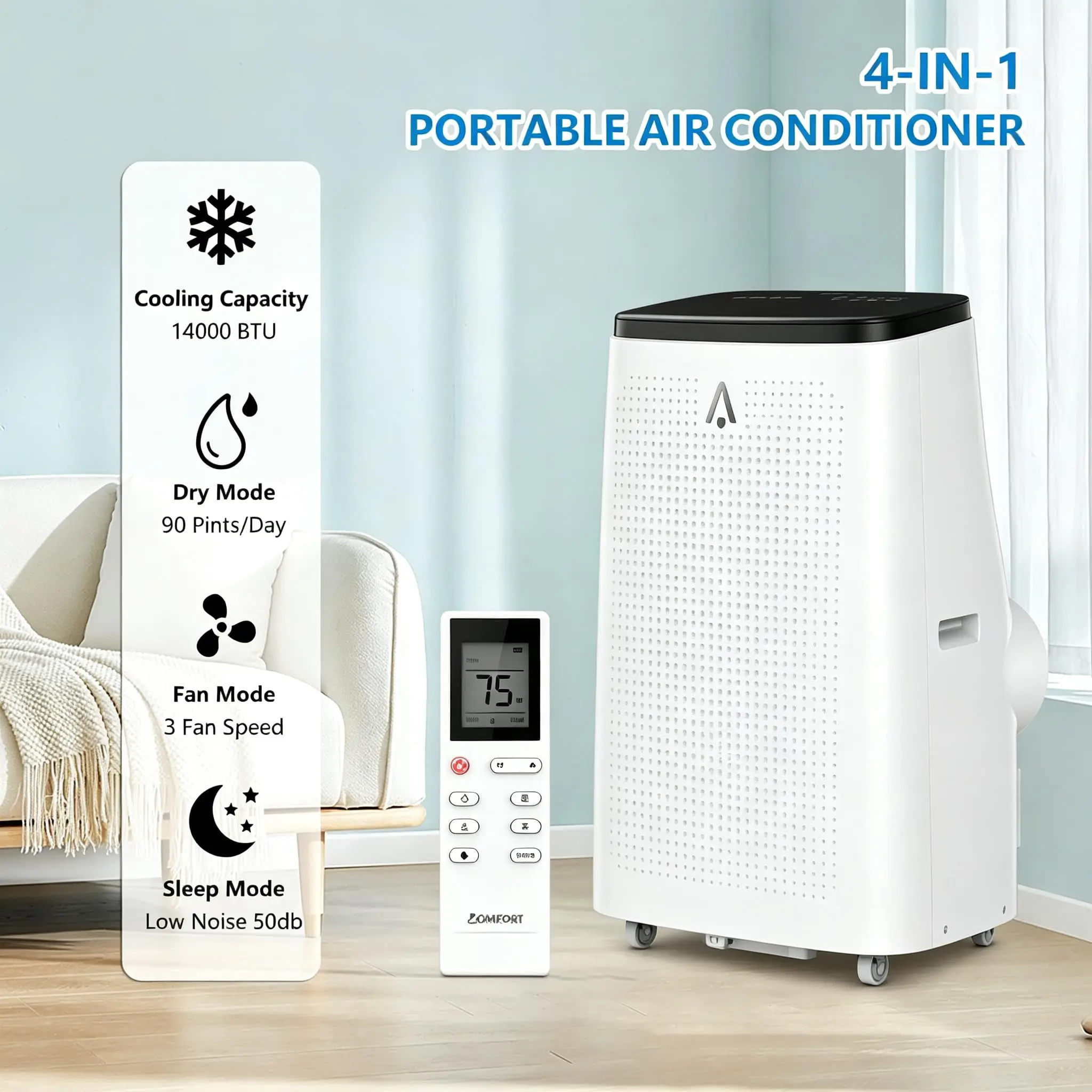 14000 BTU Portable Air Conditioner, Cools Up to 750 Sq.ft, 3-in-1 Portable AC Unit with Built-in Dehumidifier & Fan,Quiet Floor Air Conditioner with Remote Control,24H Timer&Window Kit,White