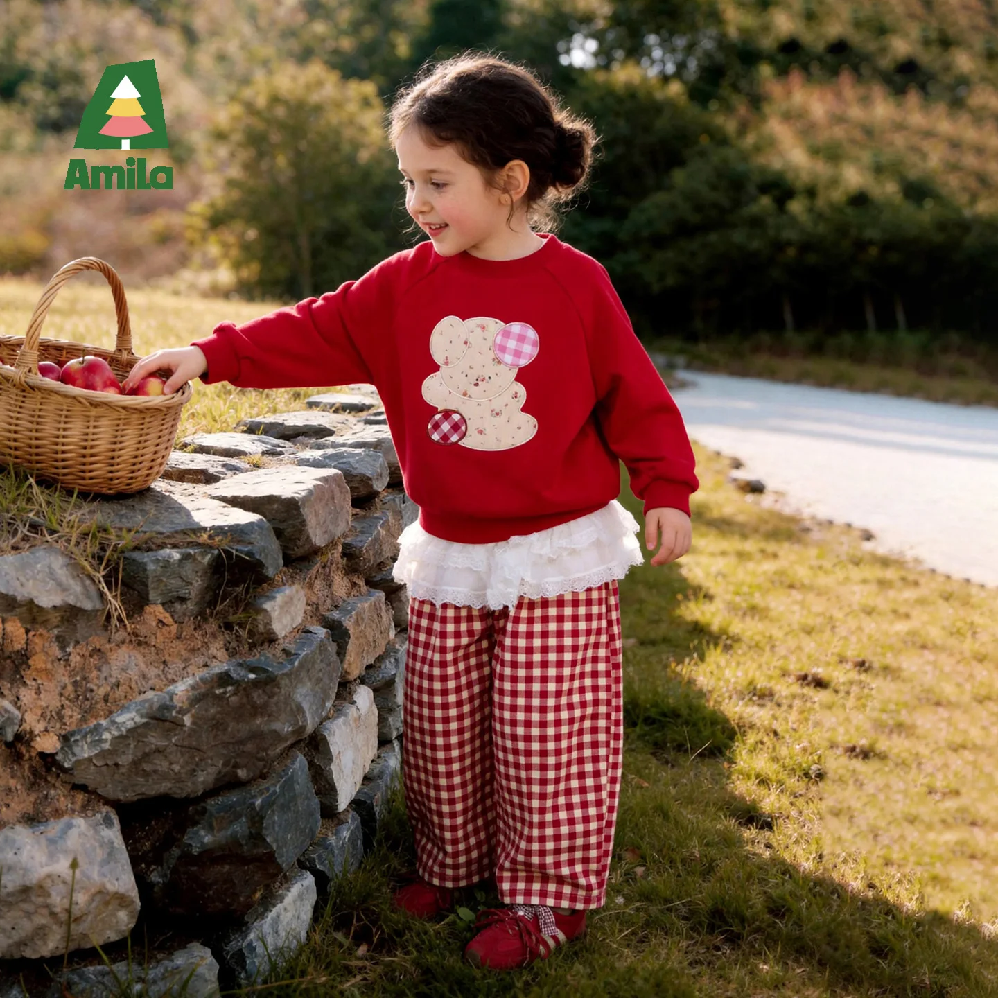 Amila 2026 Autumn New Kids Pants Set Raglan Sleeve Round Neck Sweatshirt Same Color Plaid Fashion Casual Comfortable Daily Set