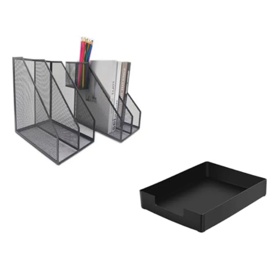 

2 Set Metal File Holder, Mesh File Organizer + Letter Size Plastic Tray Desk Drawer Organizer Set for Office, School, and Home