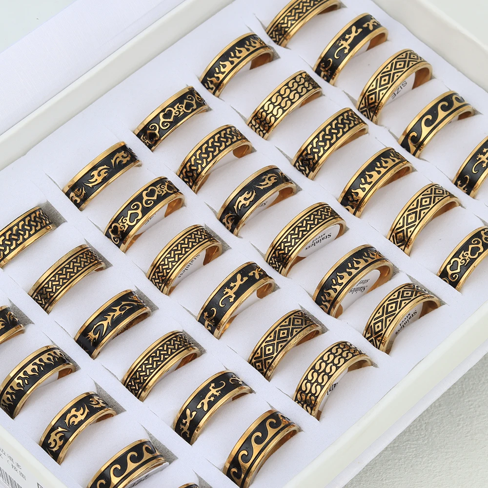 Wholesale 20 Pcs/Lot Golden Corrosion Carving Stainless Steel Rings For Men Women Mix Style New Vintage Jewelry