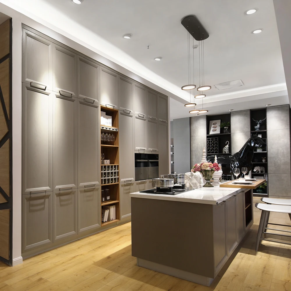 #Custom MDF Moulded Kitchen Cabinets Light Grey Shaker Style Kitchen Cabinet With Wine Rack & Central Island