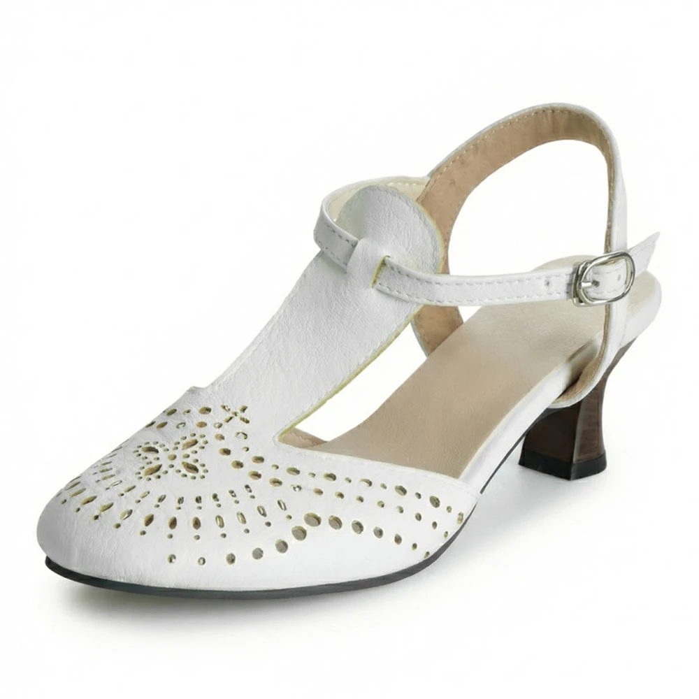 2026 New Hollow-out with T-shaped Buckle Retro Women Sandals Fashion Round Toe Kitten Heel Party Dress Big Size 49 50 38-29