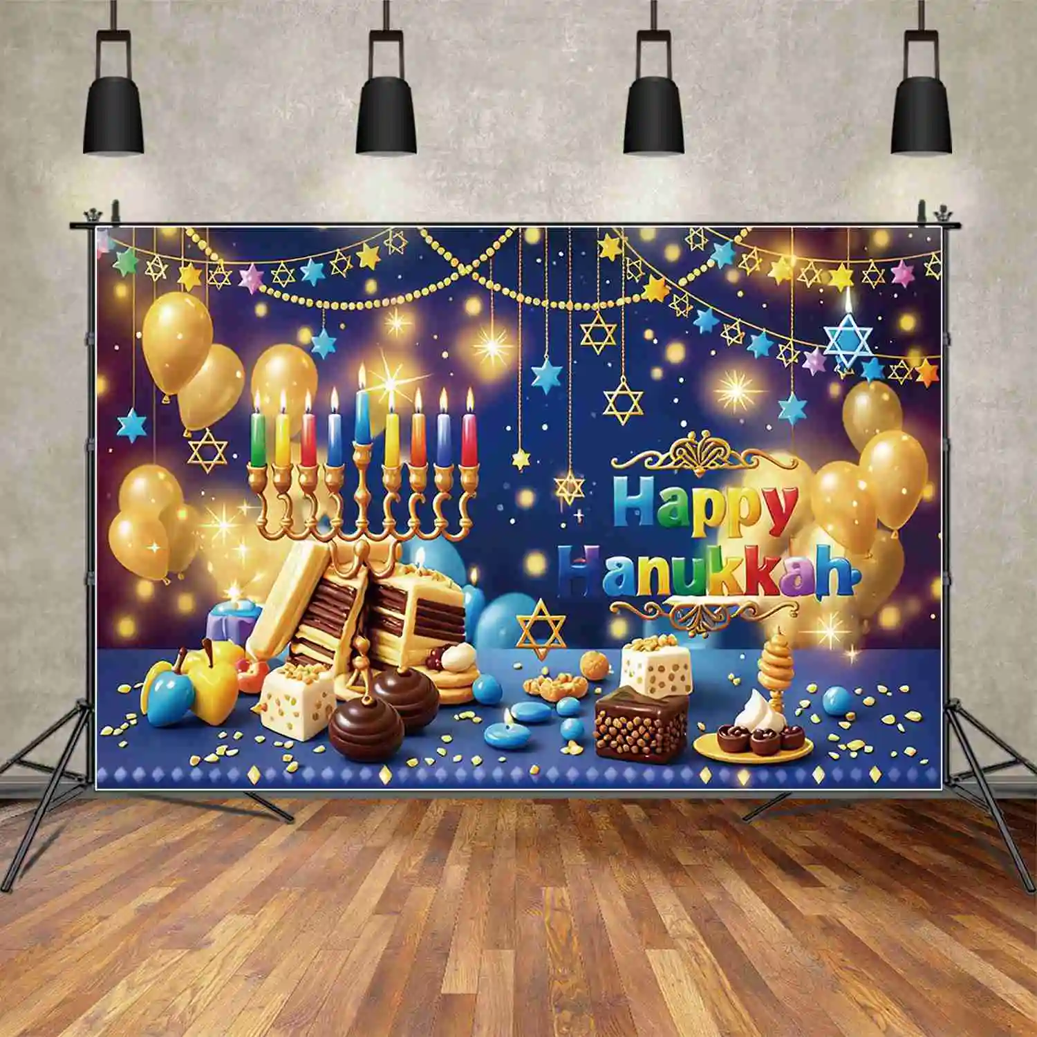 MOON.QG Blue Happy Hanukkah Party Photography Backdrop Candles Bread Glitter Light Photozone Background Children Studio Props