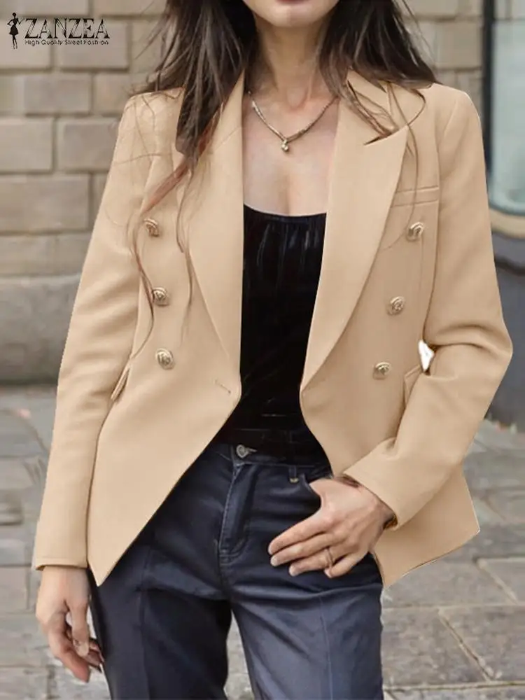 ZANZEA Women Elegant Suit Coat Lapel Collar V Neck Fake Pockets Office Jacket Long Sleeve Double Breasted Commuting Blazer