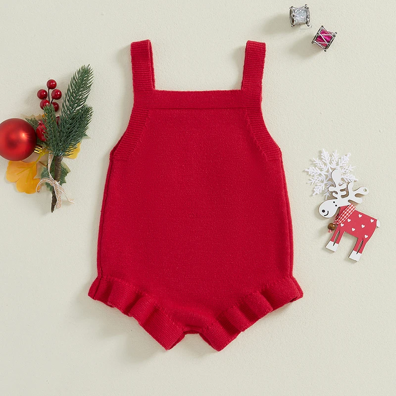 VISgogo 0-18 Months Baby Girl Christmas Knit Romper Sleeveless Square Neck Letter Print Ruffle Bodysuit Newborn Overalls