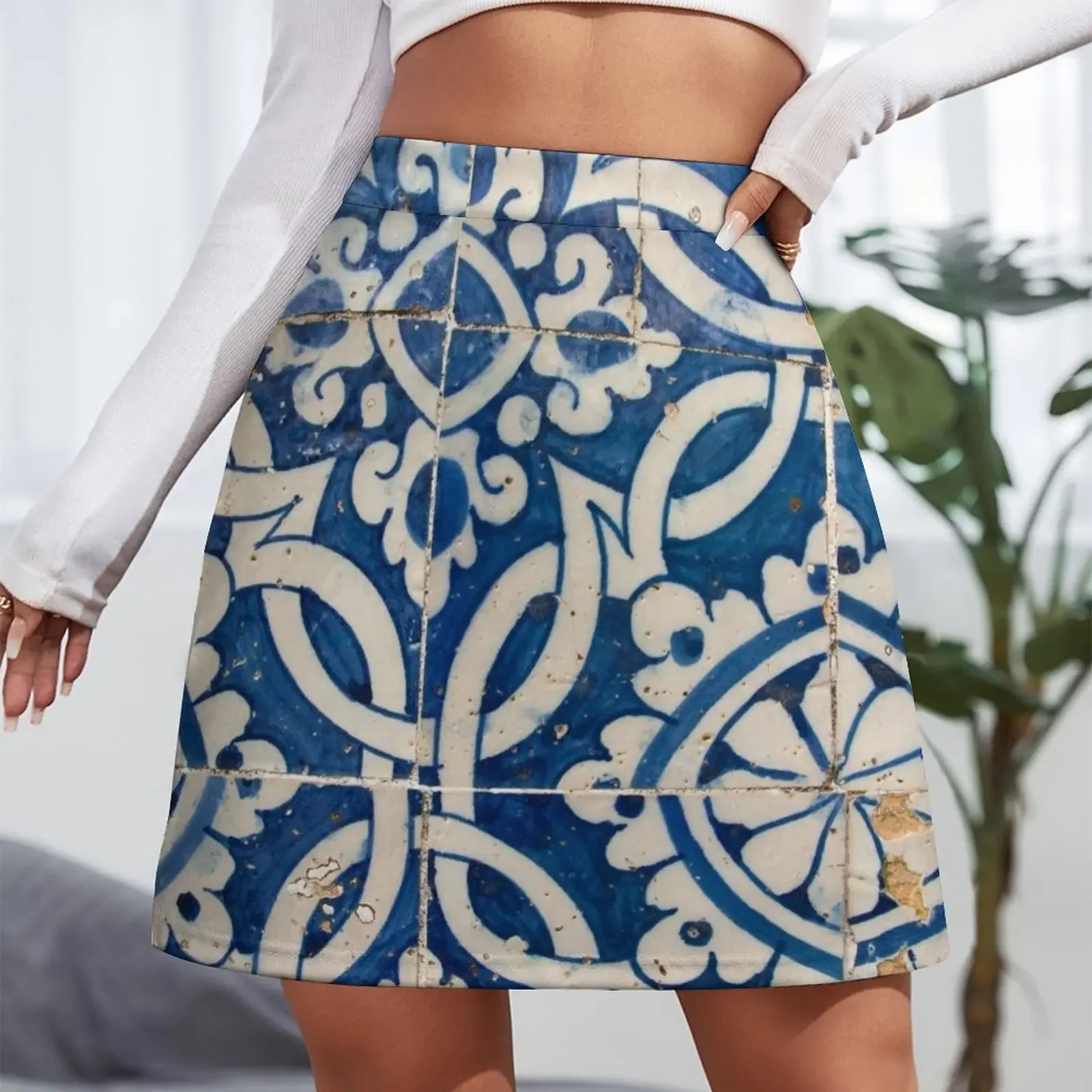 Vintage portuguese azulejo Mini Skirt clothes for woman 90s vintage clothes Female clothing Mini Skirt