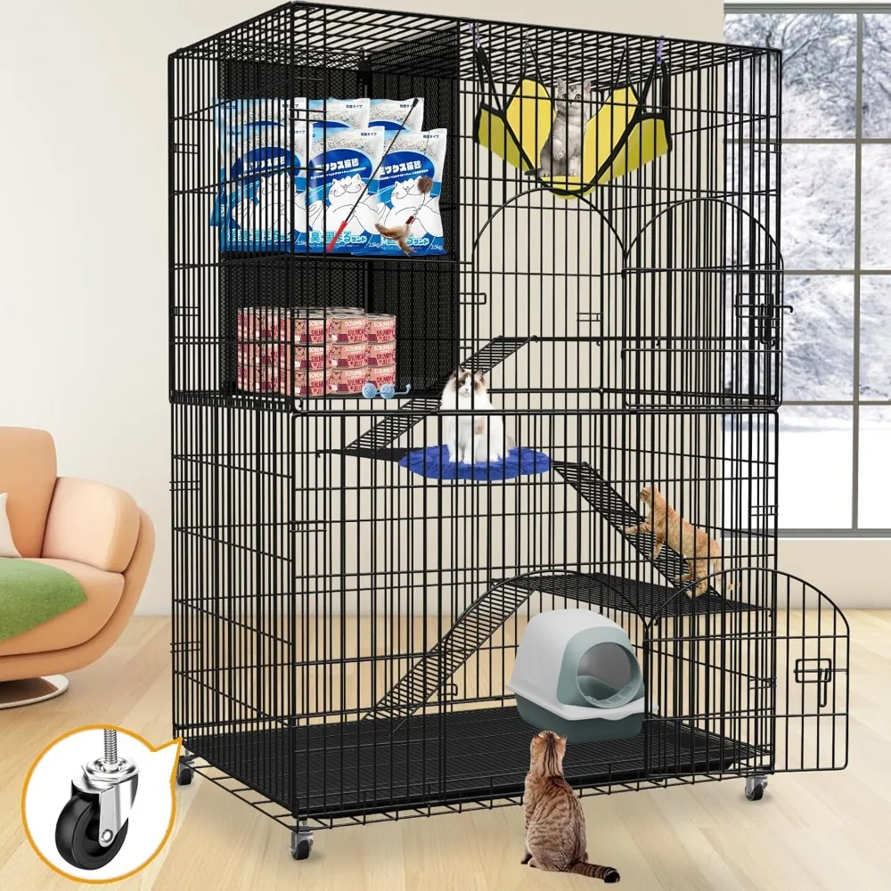 

Extra Large Cat Cage Indoor, 4-Tier Large Cat Enclosures with Storage Cube Black Metal Pet Cage for Cats Crate