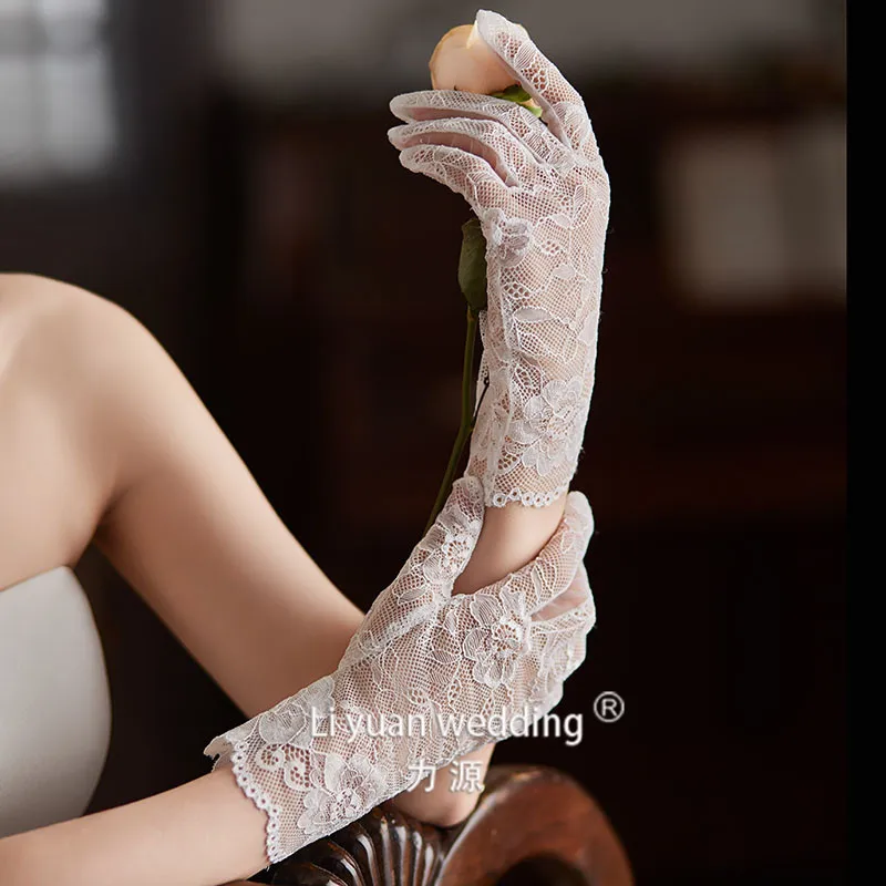 Short Lace Bridal Gloves Floral Embroidered Sheer Tulle Wedding Gloves for Bride Wedding Dress Accessories Photo Shoot & Events image 3