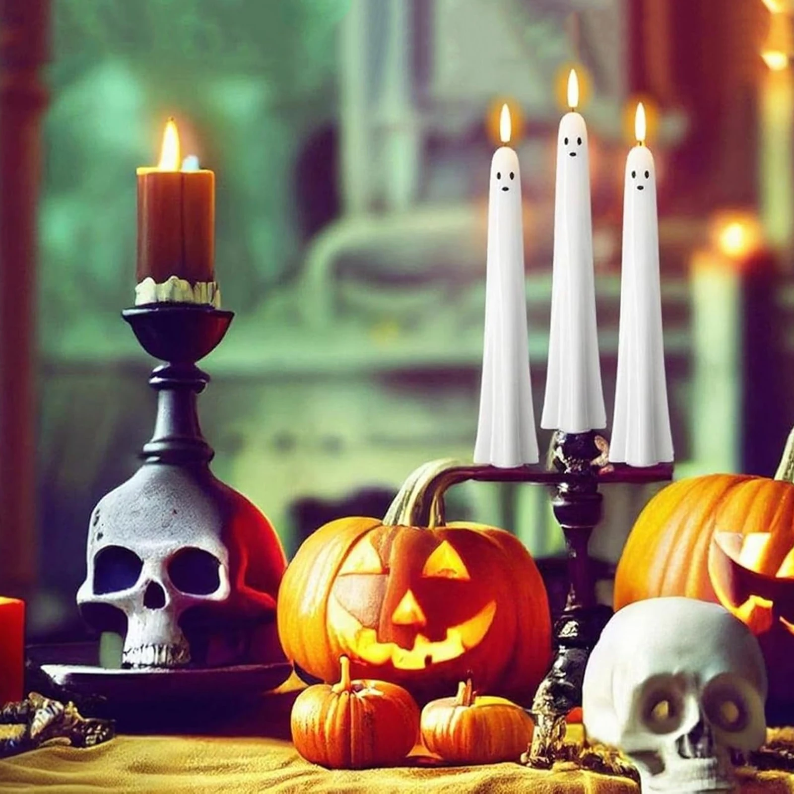 

F5 Ghost Shaped Ghost Taper Candles Battery Operated Flameless Taper Candles with Remote and Timer White Spooky Candles Decor