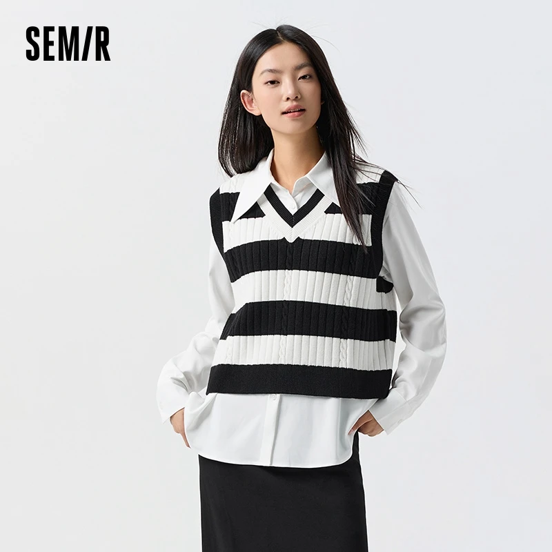 Semir Sweater Women V-Neck Winter Temperament Loose Two-Piece Fashion Striped Short Vest Plain Color Pointed Collar Shirt