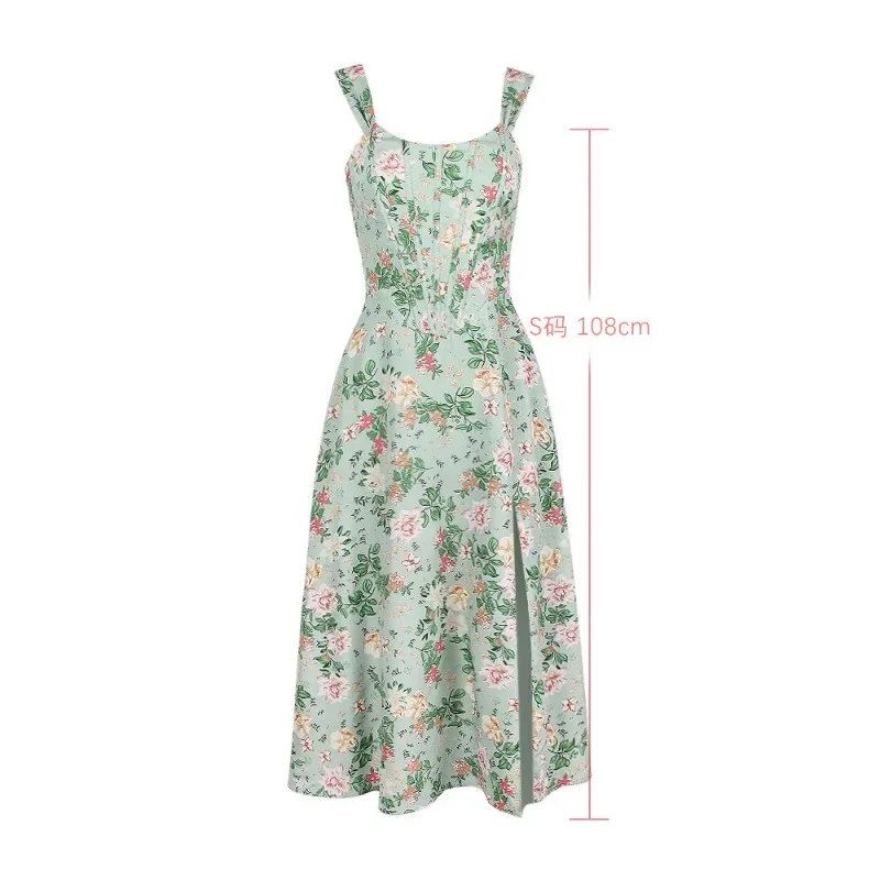 Suninheart-Green Lace Up Floral Print Dress for Women, Elegant, Boning, Casual, Party Holiday, High Quality, Summer