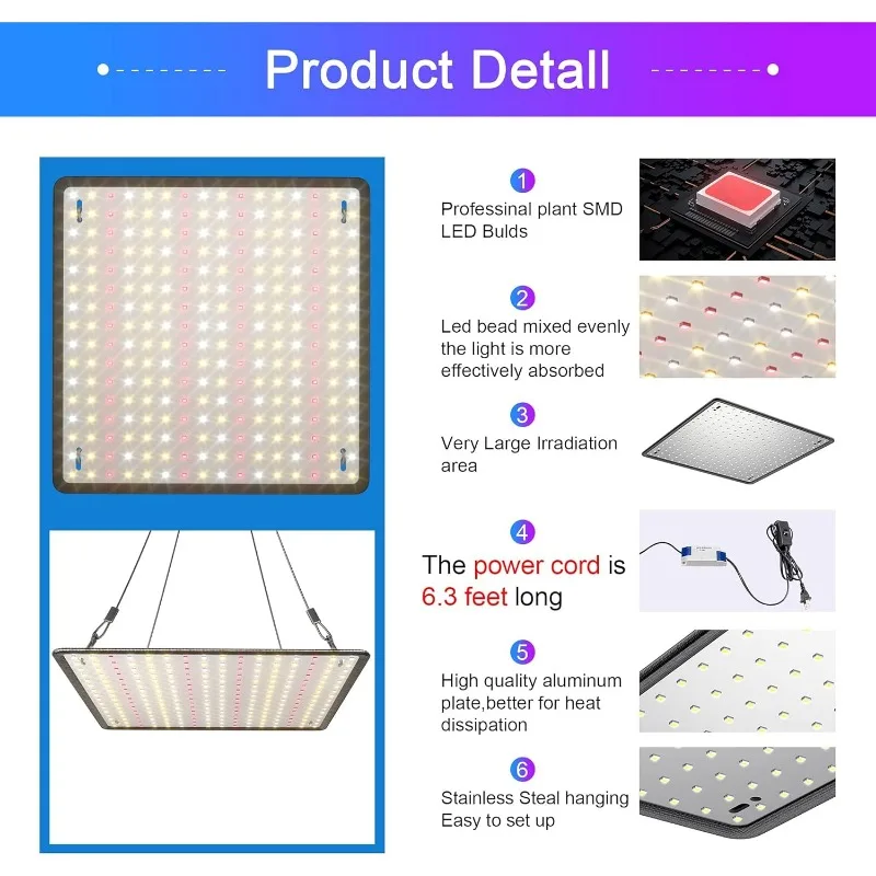 2 Pack LED Grow Light Panel 200W Lamp for Indoor Plants, Sun Like with White Blue Red UV IR LEDs