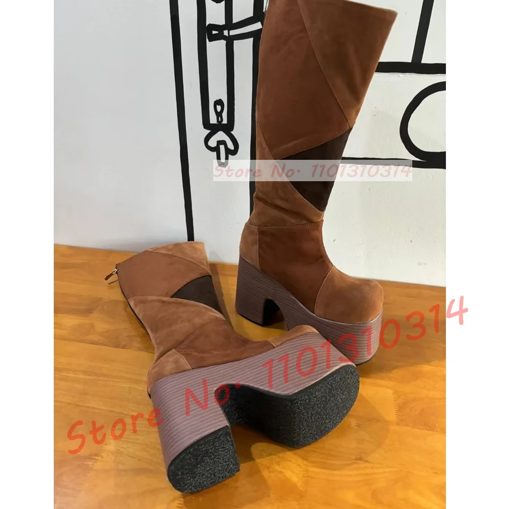 Retro Brown Patchwork Platform Boots Women New In Round Toe Fashion Suede Winter Boots Big Size Lolita Design For Girls Shoes