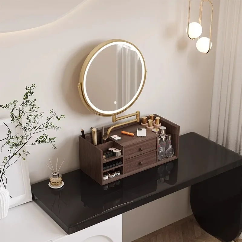 Nordic home bedroom desktop makeup mirror storage box with mirror integrated extensible solid wood smart vanity mirror