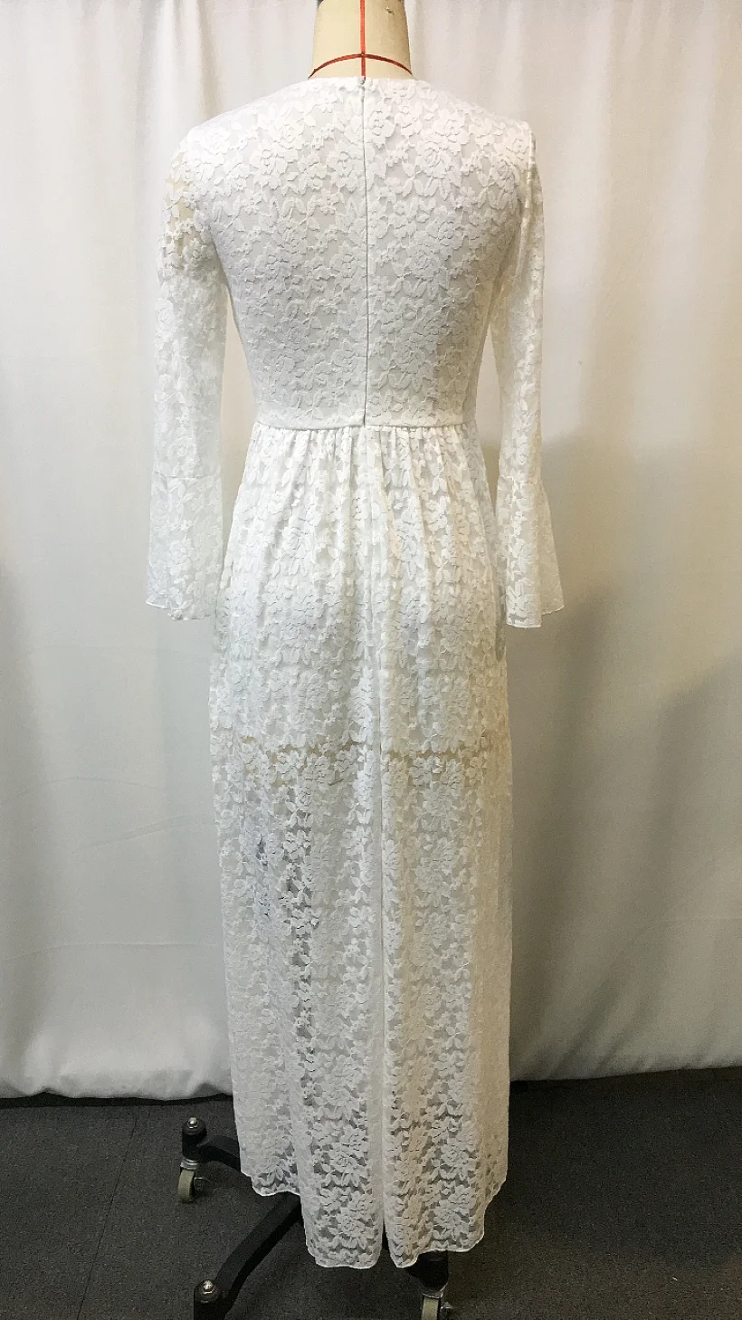 Elegante abito con scollo a V a vita alta in pizzo svasato a maniche lunghe Boho Abito da cerimonia per invitati a un matrimonio Abiti da sera formali