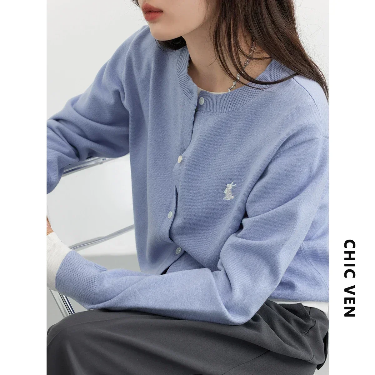 CHIC VEN Women T-Shirts New Multi Color Option Simple Solid Rabbit Embroidery Knitted Cardigan Sweater Autumn Spring 2023