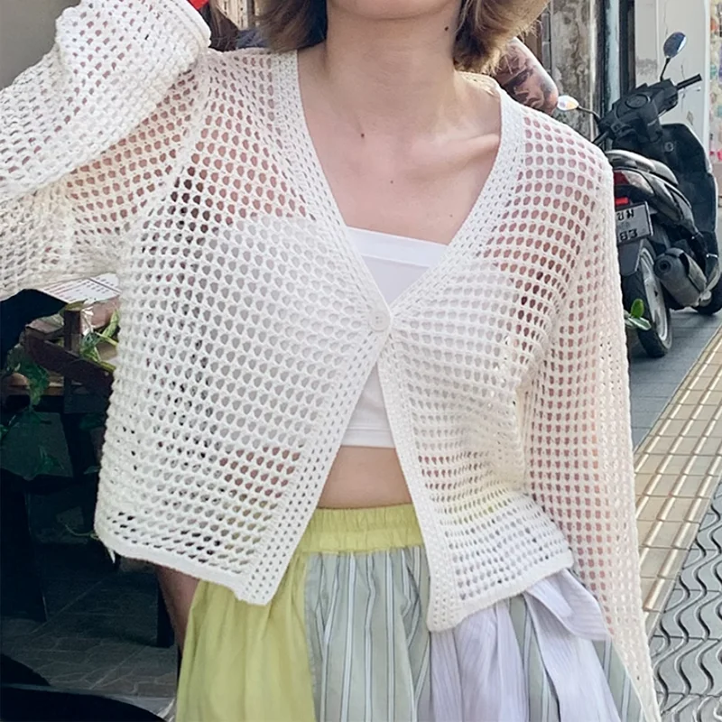 

Вязаный топ Pointelle с длинными рукавами и одной пуговицей, вязаный крючком кардиган, свитер для женщин, накидка на весну и лето, наряд Y2K