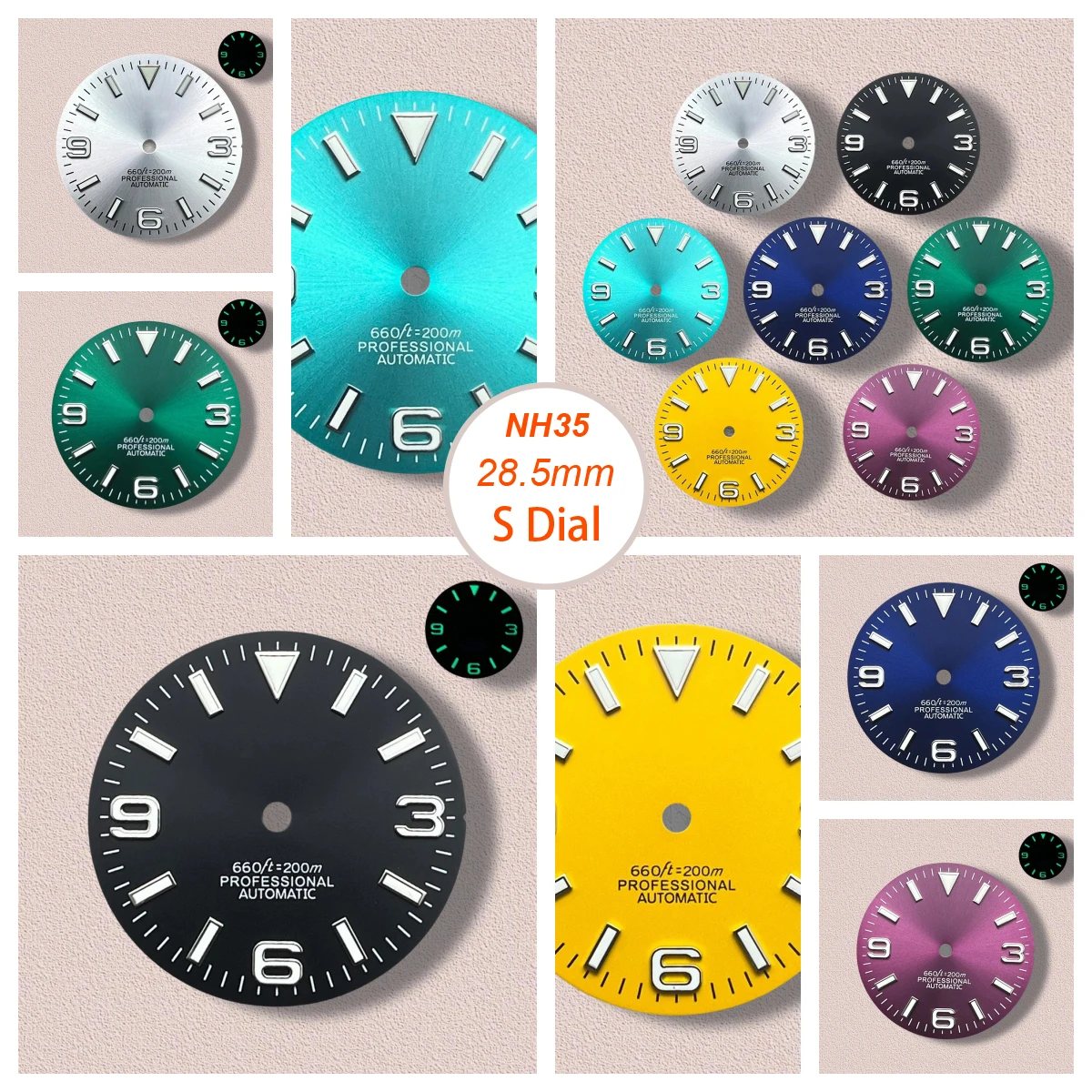 

28.5mm S Logo Ex plorer Sunray Dial Fit NH35/NH36/4R/7S Movement Green Luminous Watch Modification Accessories 3/3.8/4O'clock