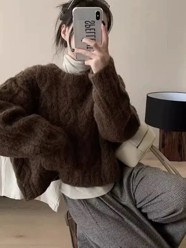 

Premium Feel Coffee ort Thiened round Ne Women's Knitted Sweater Autumn Winter Outerwear Lazy Sle Soft Plump Top